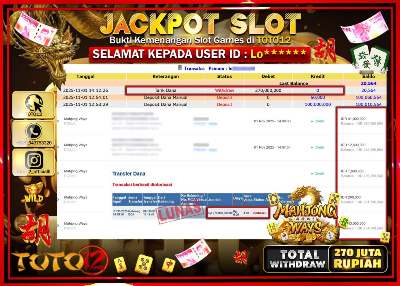 HANYA DI TOTO12 JP PASTI DI BAYAR LUNAS DAN CEPAT!!!!!! JACKPOT SLOT GAME (MAHJONG WAYS) Rp.270.000.000 !!!!