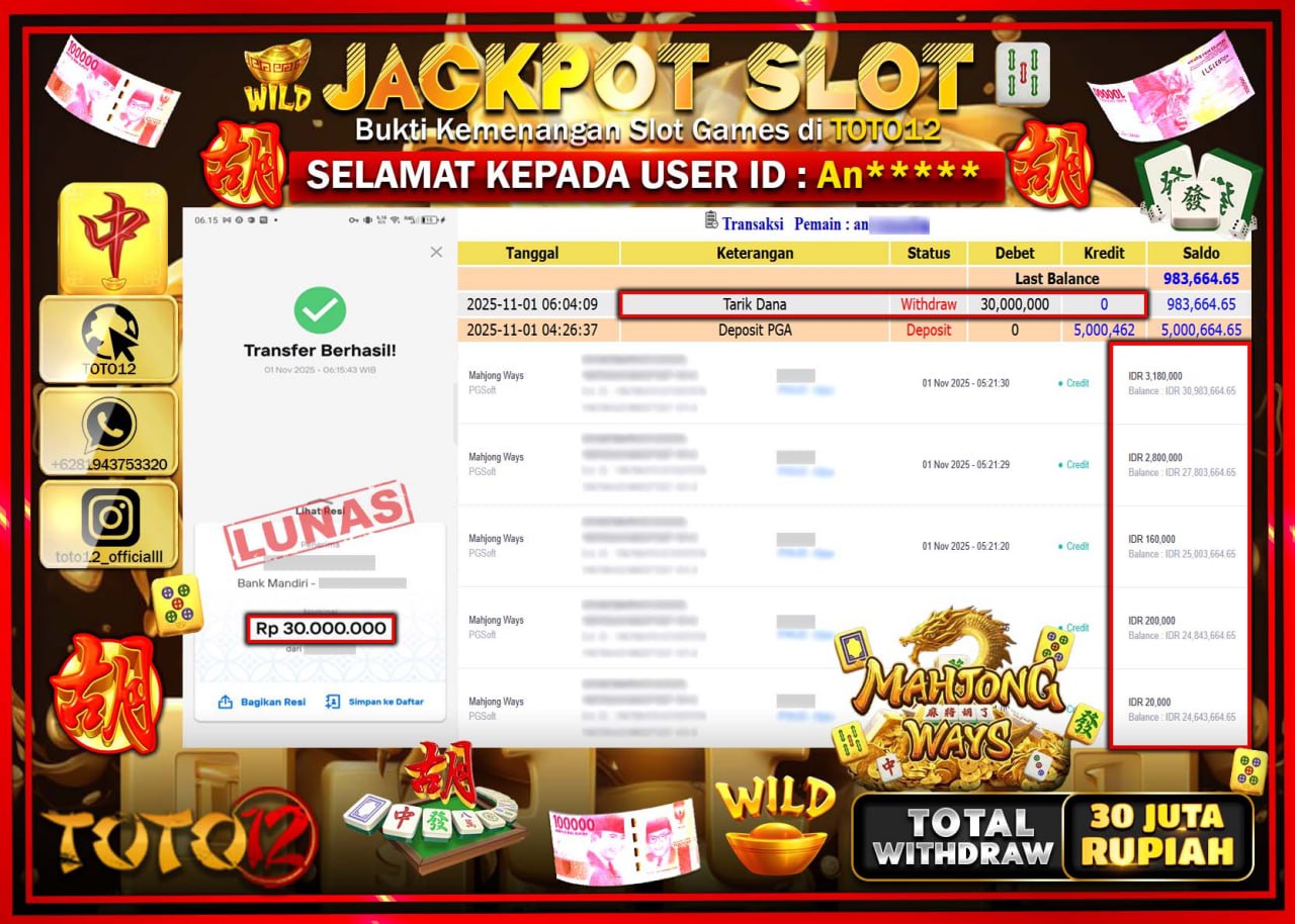 HANYA DI TOTO12 JP PASTI DI BAYAR LUNAS DAN CEPAT!!!!!! JACKPOT SLOT GAME (MAHJONG WAYS) Rp.30.000.000 !!!!