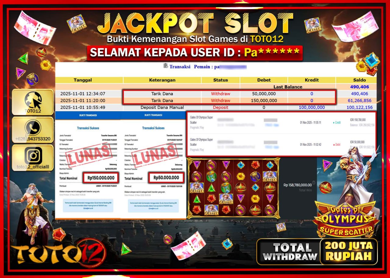 HANYA DI TOTO12 JP PASTI DI BAYAR LUNAS DAN CEPAT!!!!!! JACKPOT SLOT GAME (GATES OF OLYMPUS SUPER SCATTER) Rp.200.000.000 !!!!