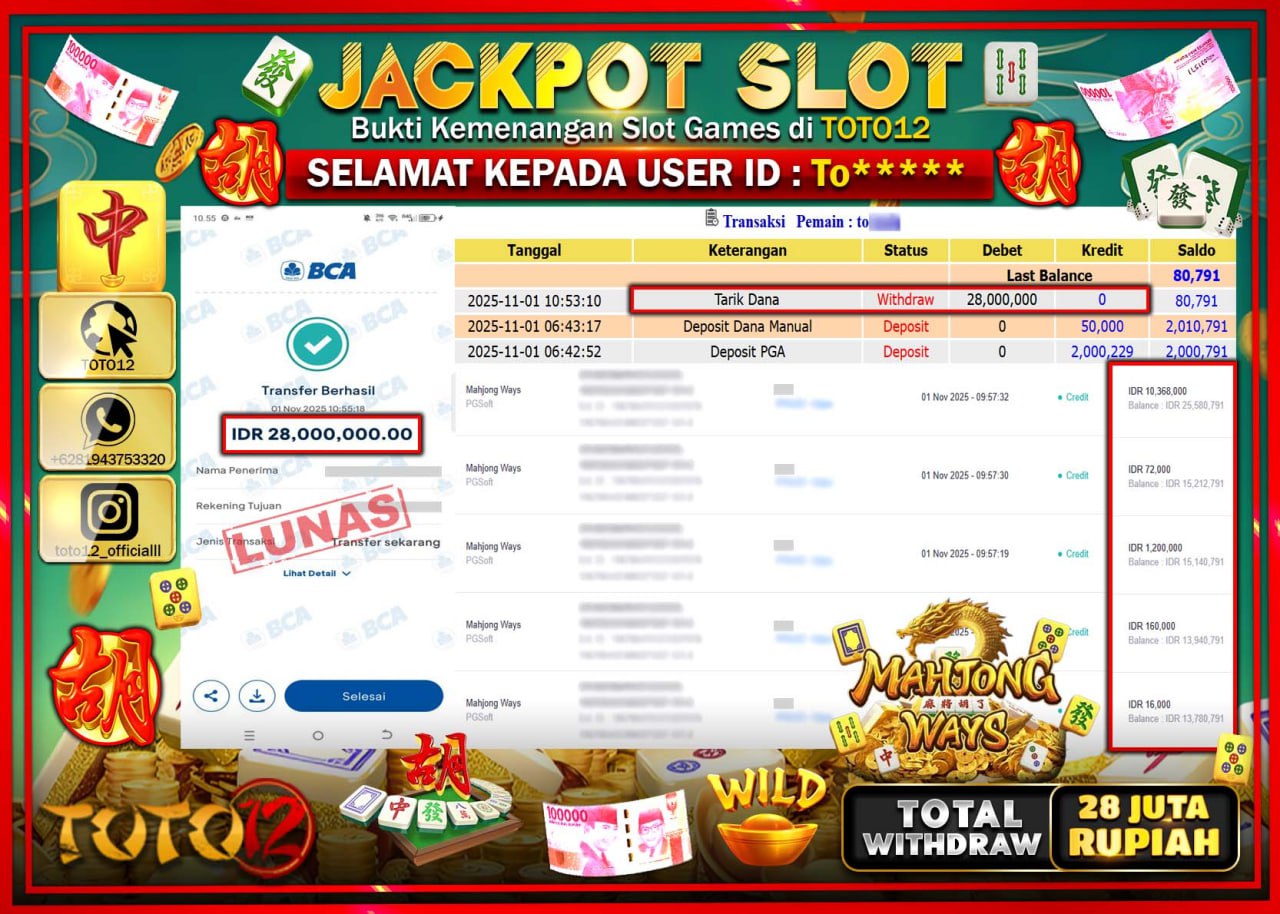 HANYA DI TOTO12 JP PASTI DI BAYAR LUNAS DAN CEPAT!!!!!! JACKPOT SLOT GAME (MAHJONG WAYS) Rp.28.000.000 !!!!