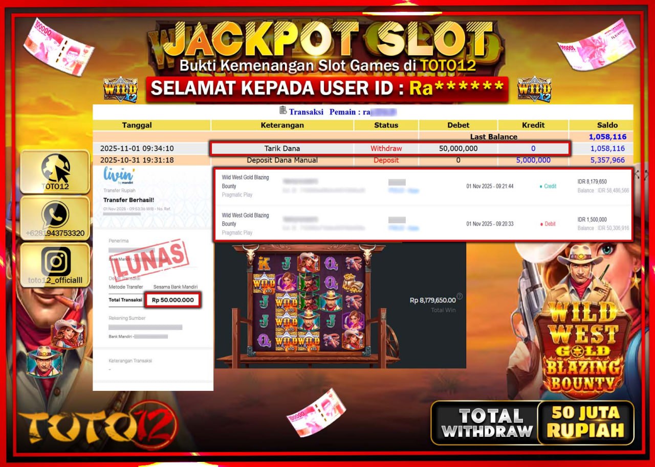 HANYA DI TOTO12 JP PASTI DI BAYAR LUNAS DAN CEPAT!!!!!! JACKPOT SLOT GAME (WILD BEST GOLD BLAZING BOUNTY) Rp.50.000.000 !!!!