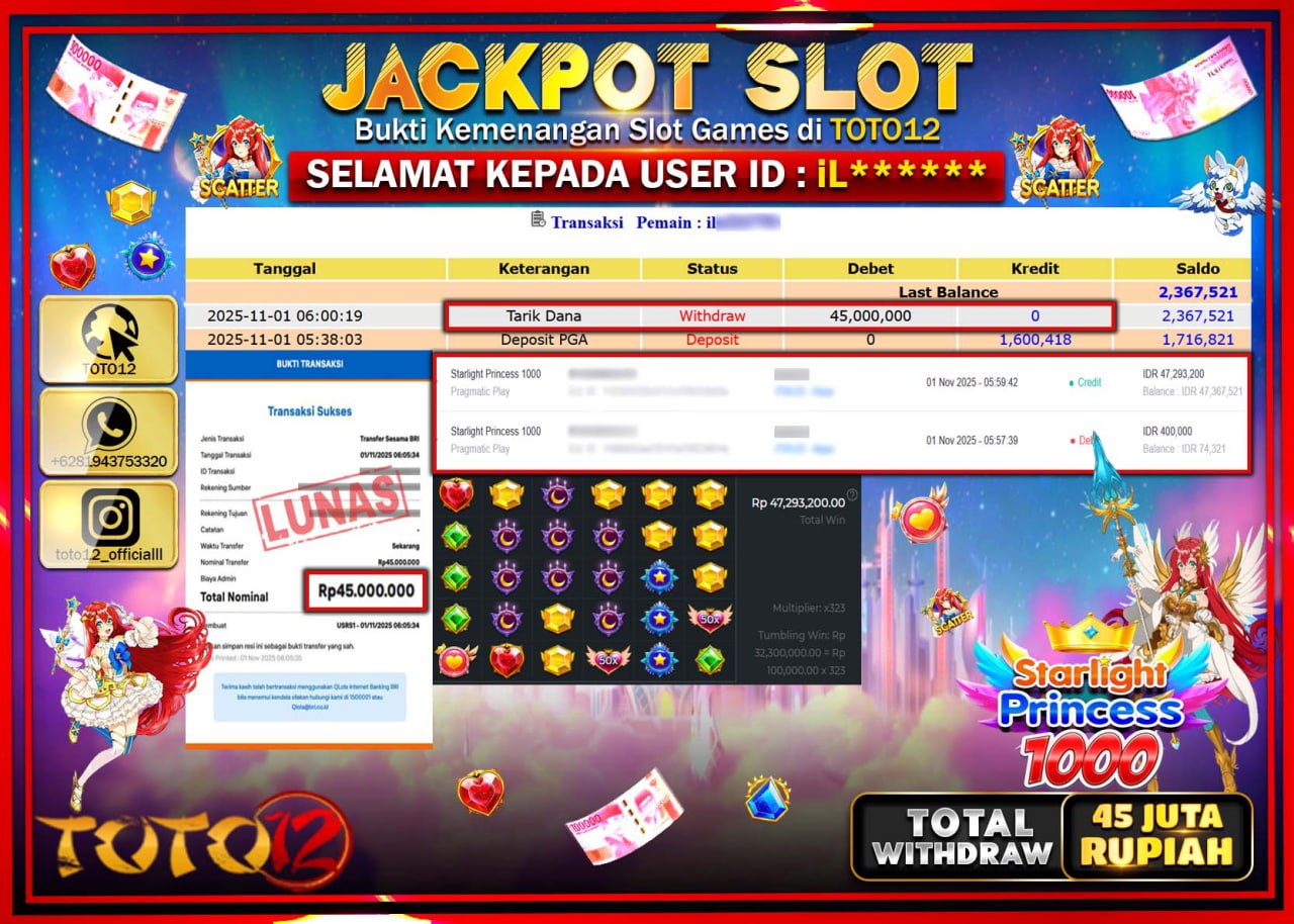 HANYA DI TOTO12 JP PASTI DI BAYAR LUNAS DAN CEPAT!!!!!! JACKPOT SLOT GAME (STARLIGHT PRINCESS 1000) Rp.45.000.000 !!!!
