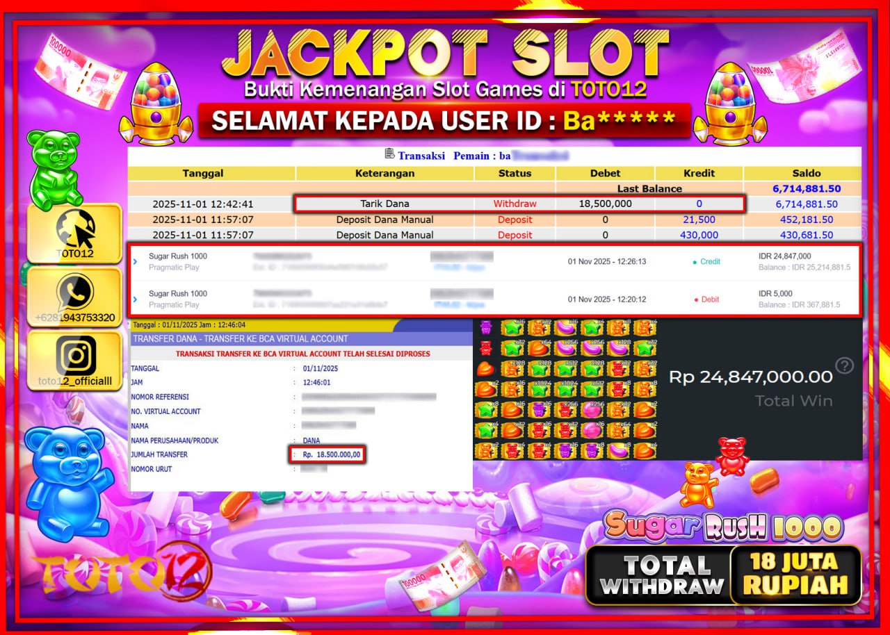 HANYA DI TOTO12 JP PASTI DI BAYAR LUNAS DAN CEPAT!!!!!! JACKPOT SLOT GAME (SUGAR RUSH 1000) Rp.18.500.000 !!!!