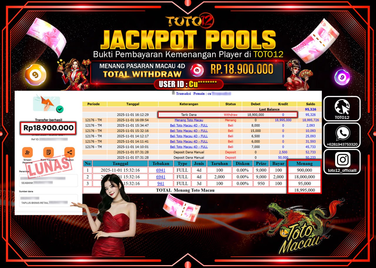 HANYA DI TOTO12 JP PASTI DI BAYAR LUNAS DAN CEPAT!!!!!! JACKPOT POOLS PASARAN (MACAU 4D) Rp.18.900.000 !!!!