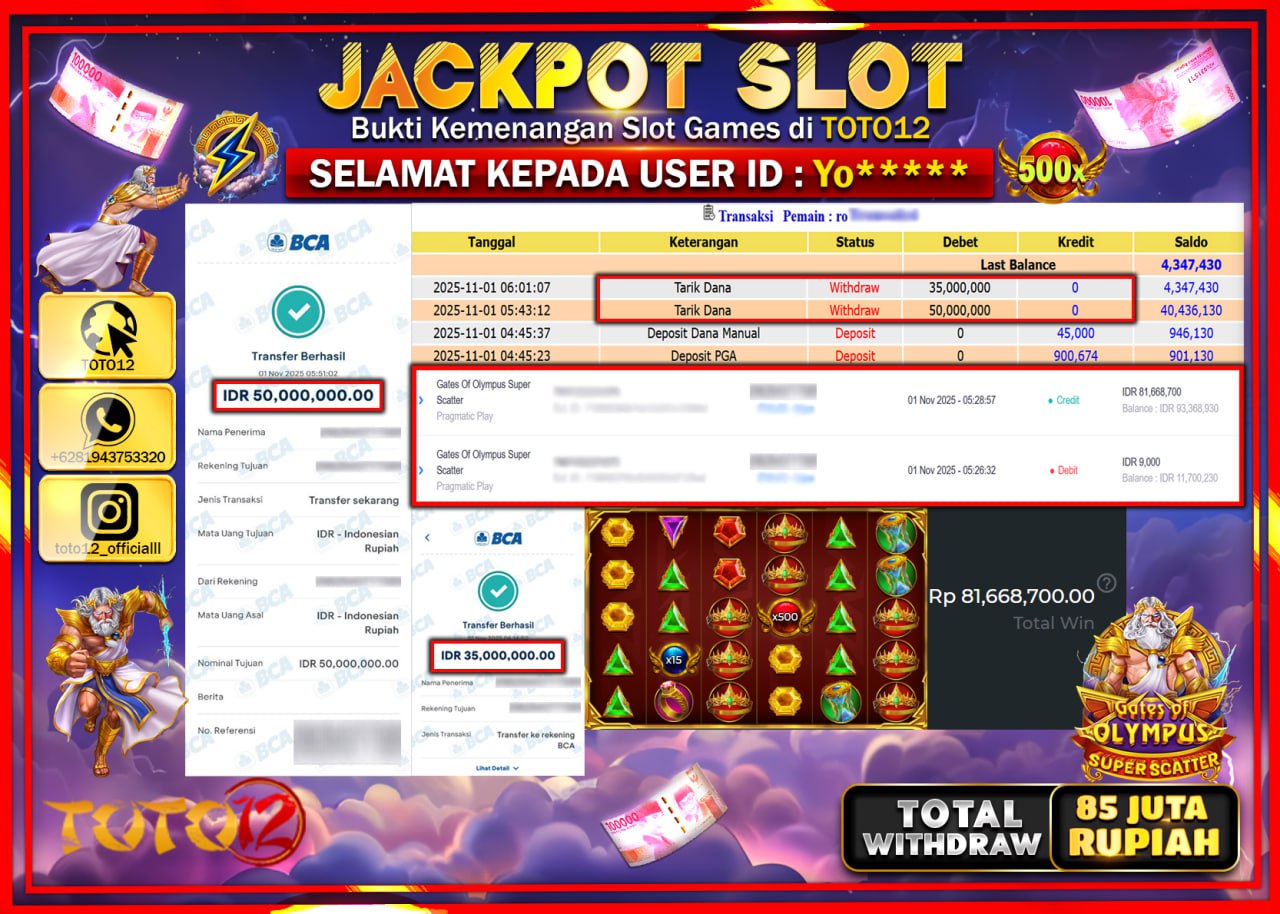 HANYA DI TOTO12 JP PASTI DI BAYAR LUNAS DAN CEPAT!!!!!! JACKPOT SLOT GAME (GATES OF OLYMPUS SUPER SCATTER) Rp.85.000.000 !!!!
