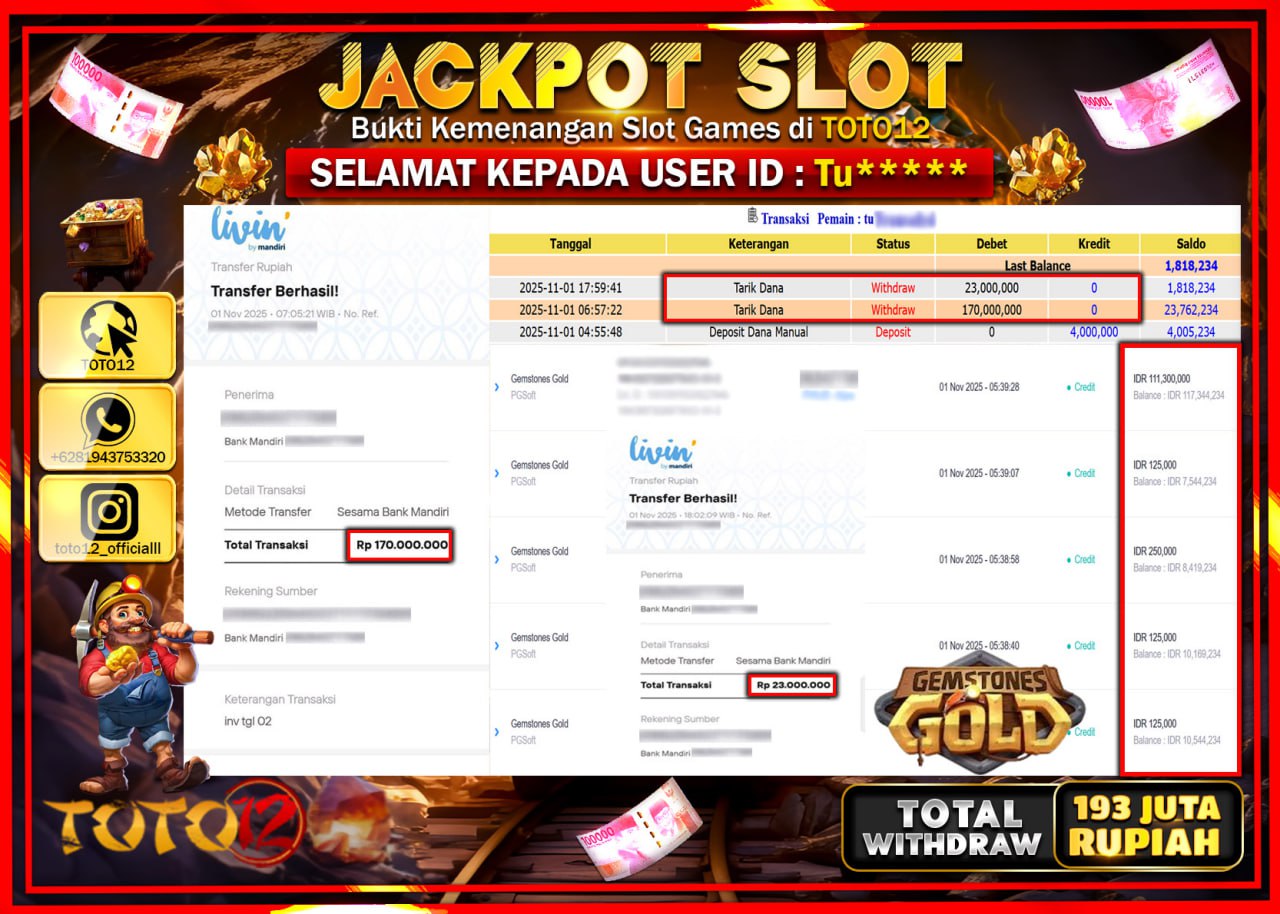 HANYA DI TOTO12 JP PASTI DI BAYAR LUNAS DAN CEPAT!!!!!! JACKPOT SLOT GAME (GEMSTONES GOLD) Rp.193.000.000 !!!!