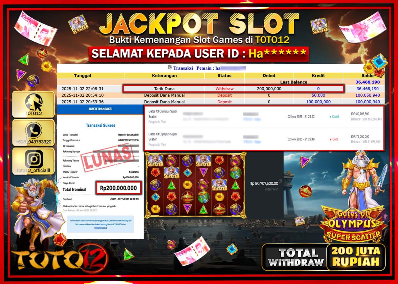 HANYA DI TOTO12 JP PASTI DI BAYAR LUNAS DAN CEPAT!!!!!! JACKPOT SLOT GAME (GATES OF OLYMPUS SUPER SCATTER) Rp.200.000.000 !!!!