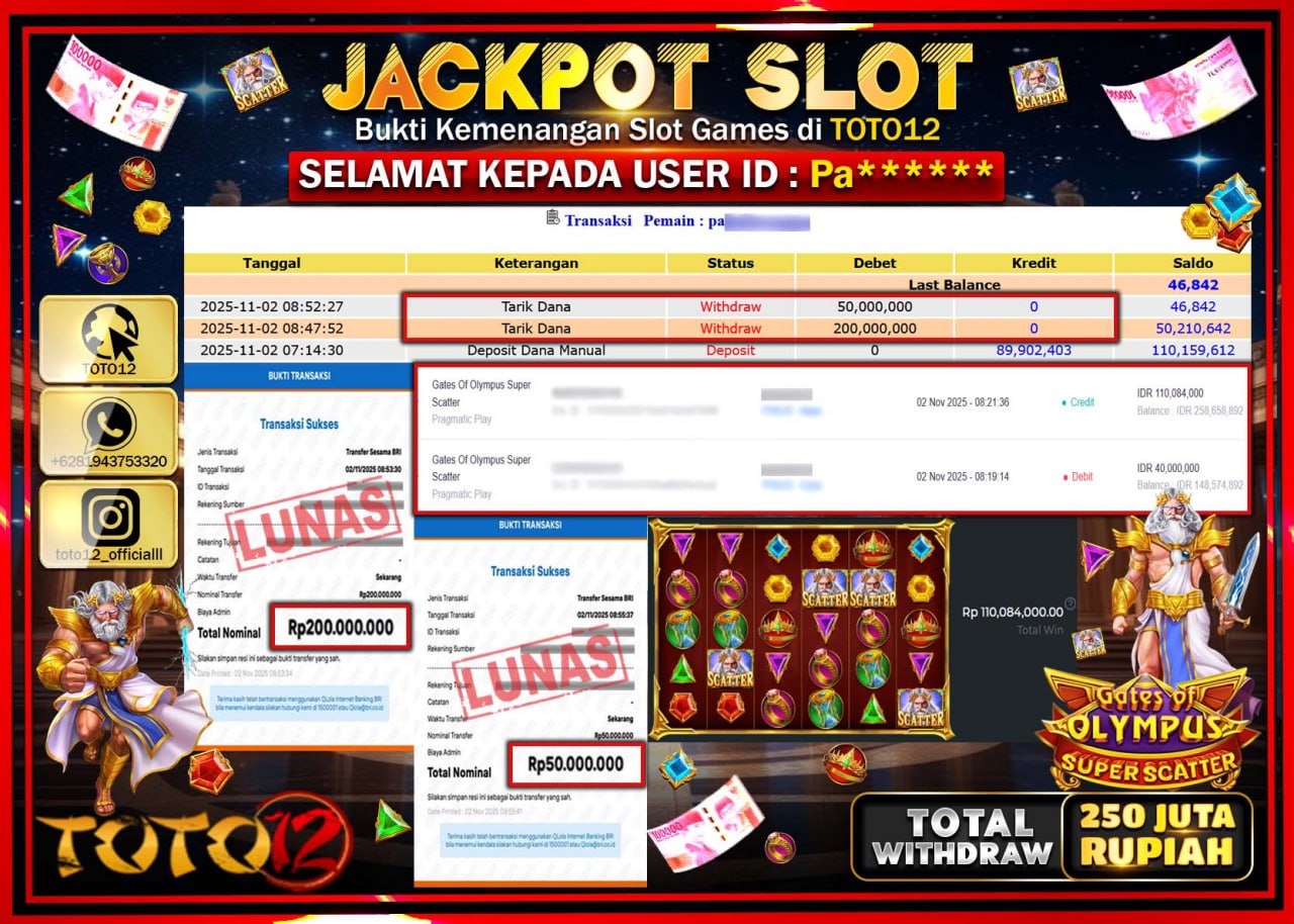 HANYA DI TOTO12 JP PASTI DI BAYAR LUNAS DAN CEPAT!!!!!! JACKPOT SLOT GAME (GATES OF OLYMPUS SUPER SCATTER) Rp.250.000.000 !!!!