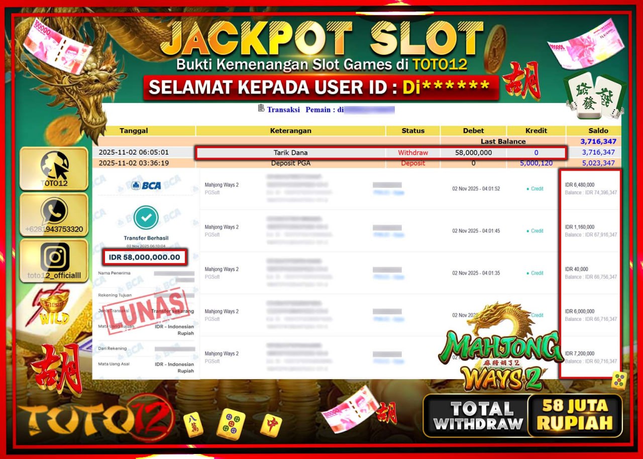 HANYA DI TOTO12 JP PASTI DI BAYAR LUNAS DAN CEPAT!!!!!! JACKPOT SLOT GAME (MAHJONG WAYS 2) Rp.58.000.000 !!!!
