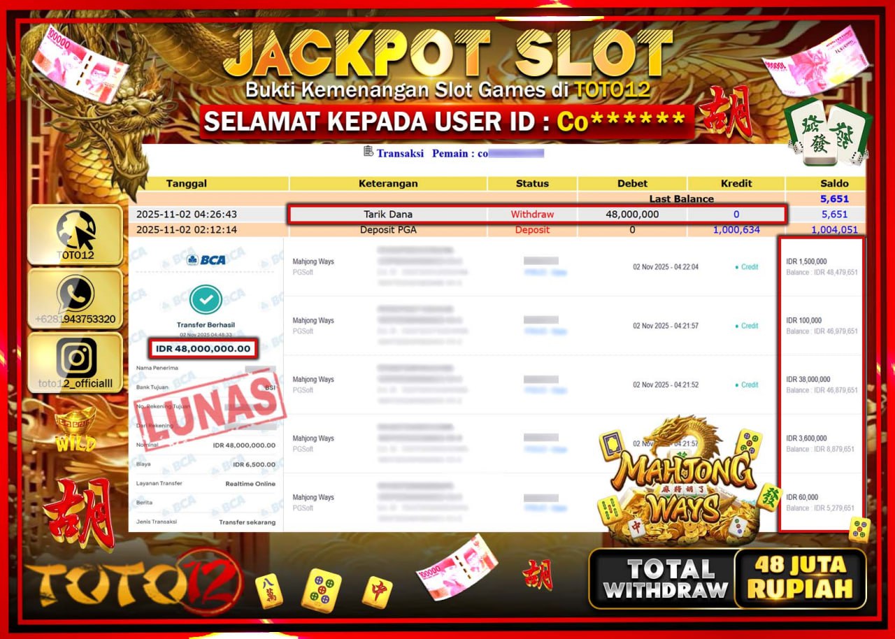 HANYA DI TOTO12 JP PASTI DI BAYAR LUNAS DAN CEPAT!!!!!! JACKPOT SLOT GAME (MAHJONG WAYS) Rp.48.000.000 !!!!
