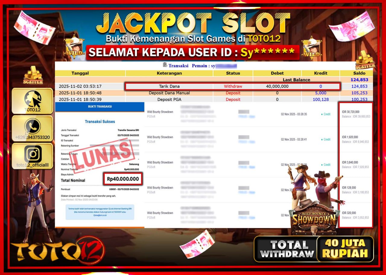 HANYA DI TOTO12 JP PASTI DI BAYAR LUNAS DAN CEPAT!!!!!! JACKPOT SLOT GAME (WILD BOUNTY SHOWDOWN) Rp.40.000.000 !!!!