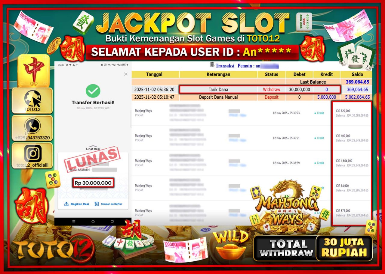 HANYA DI TOTO12 JP PASTI DI BAYAR LUNAS DAN CEPAT!!!!!! JACKPOT SLOT GAME (MAHJONG WAYS) Rp.30.000.000 !!!!