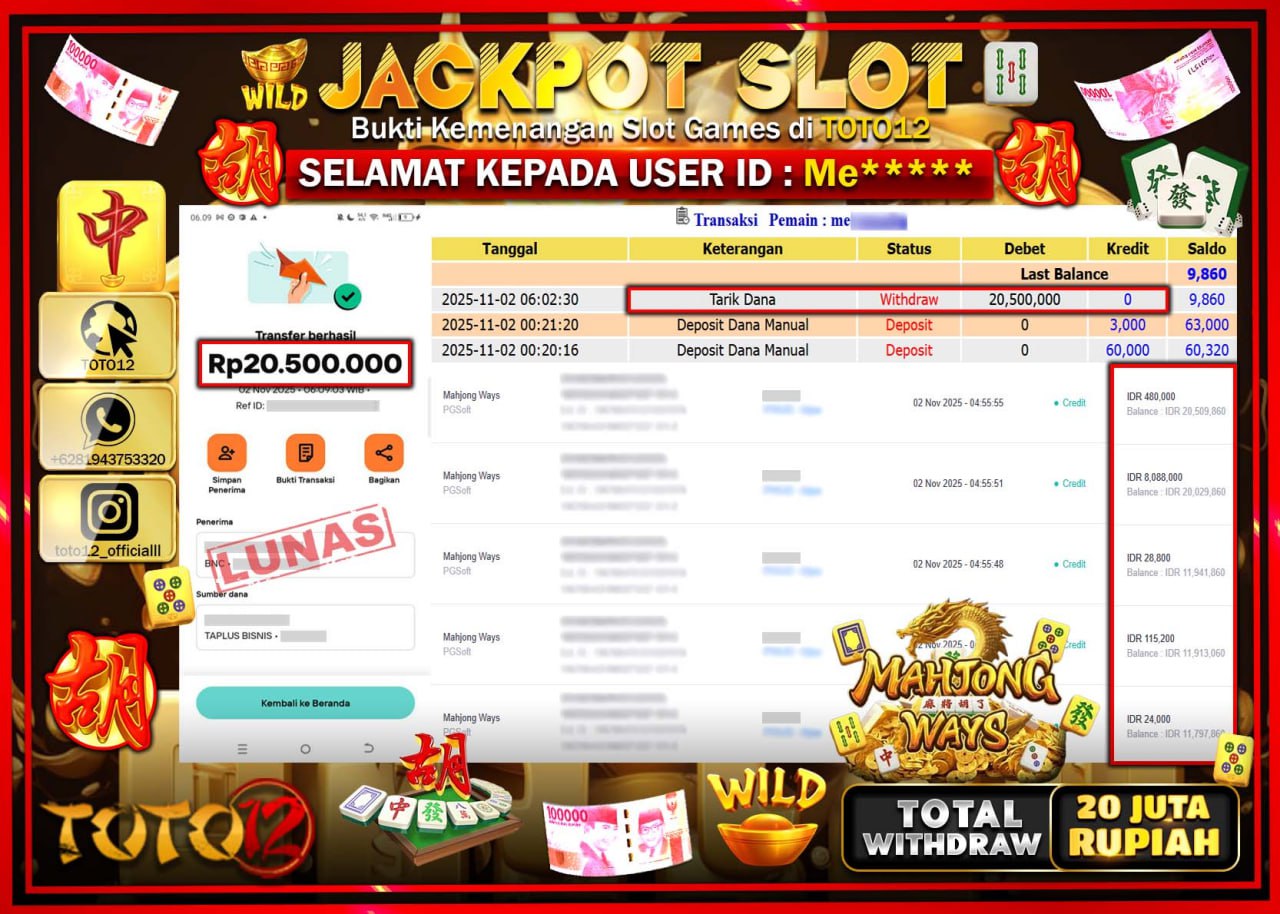 HANYA DI TOTO12 JP PASTI DI BAYAR LUNAS DAN CEPAT!!!!!! JACKPOT SLOT GAME (MAHJONG WAYS) Rp.20.500.000 !!!!