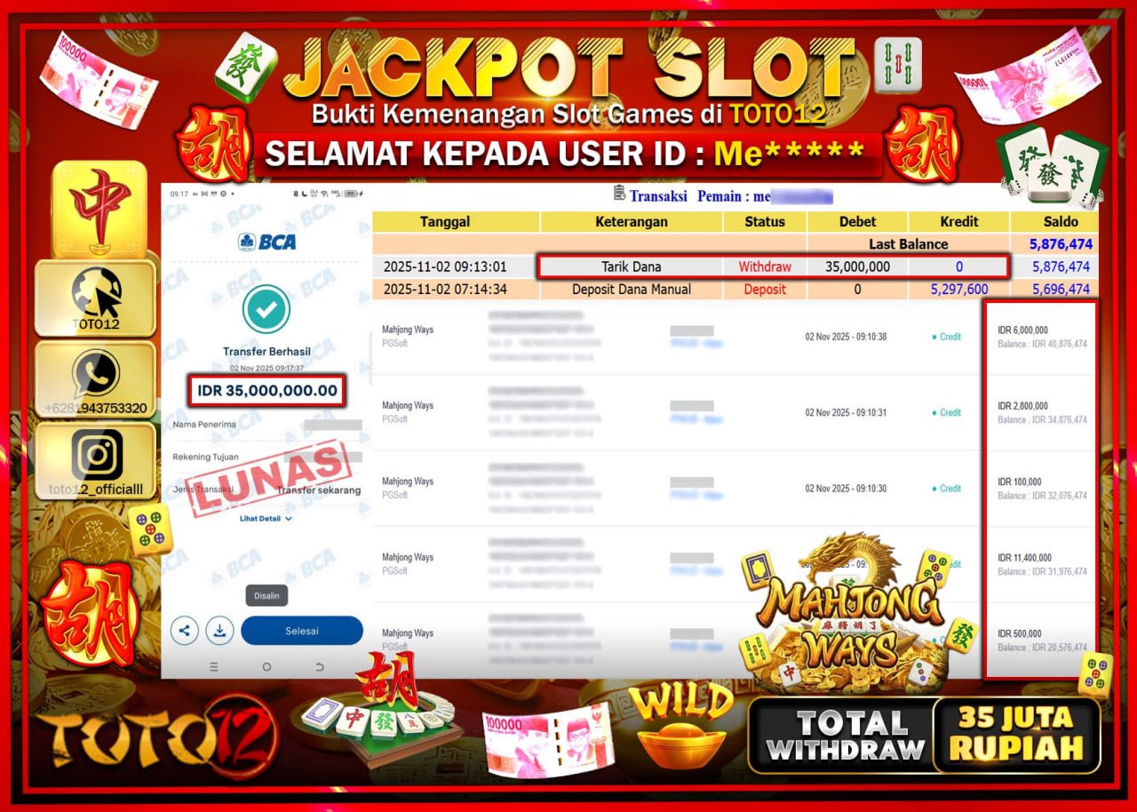 HANYA DI TOTO12 JP PASTI DI BAYAR LUNAS DAN CEPAT!!!!!! JACKPOT SLOT GAME (MAHJONG WAYS) Rp.35.000.000 !!!!