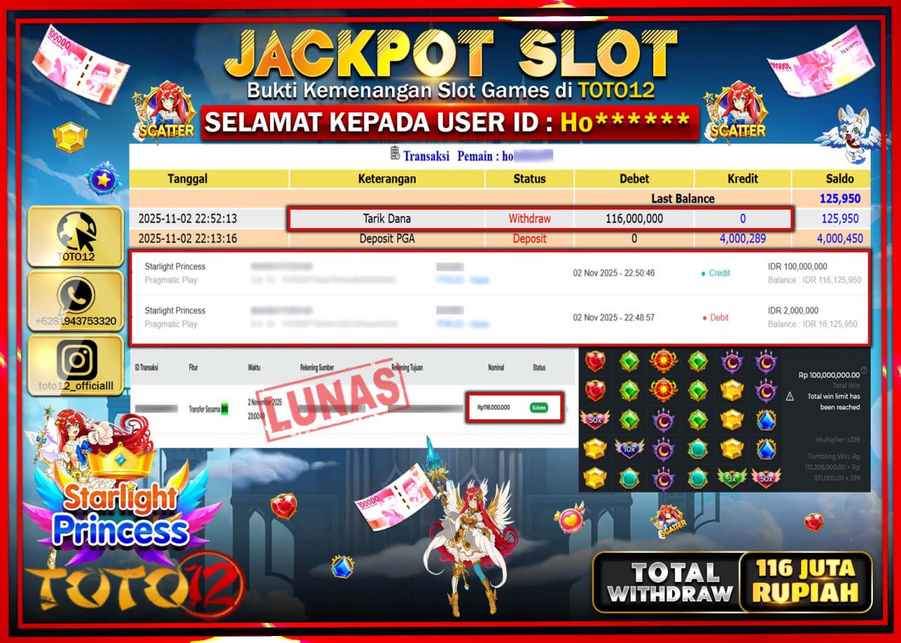 HANYA DI TOTO12 JP PASTI DI BAYAR LUNAS DAN CEPAT!!!!!! JACKPOT SLOT GAME (STARLIGHT PRINCESS) Rp.116.000.000 !!!!