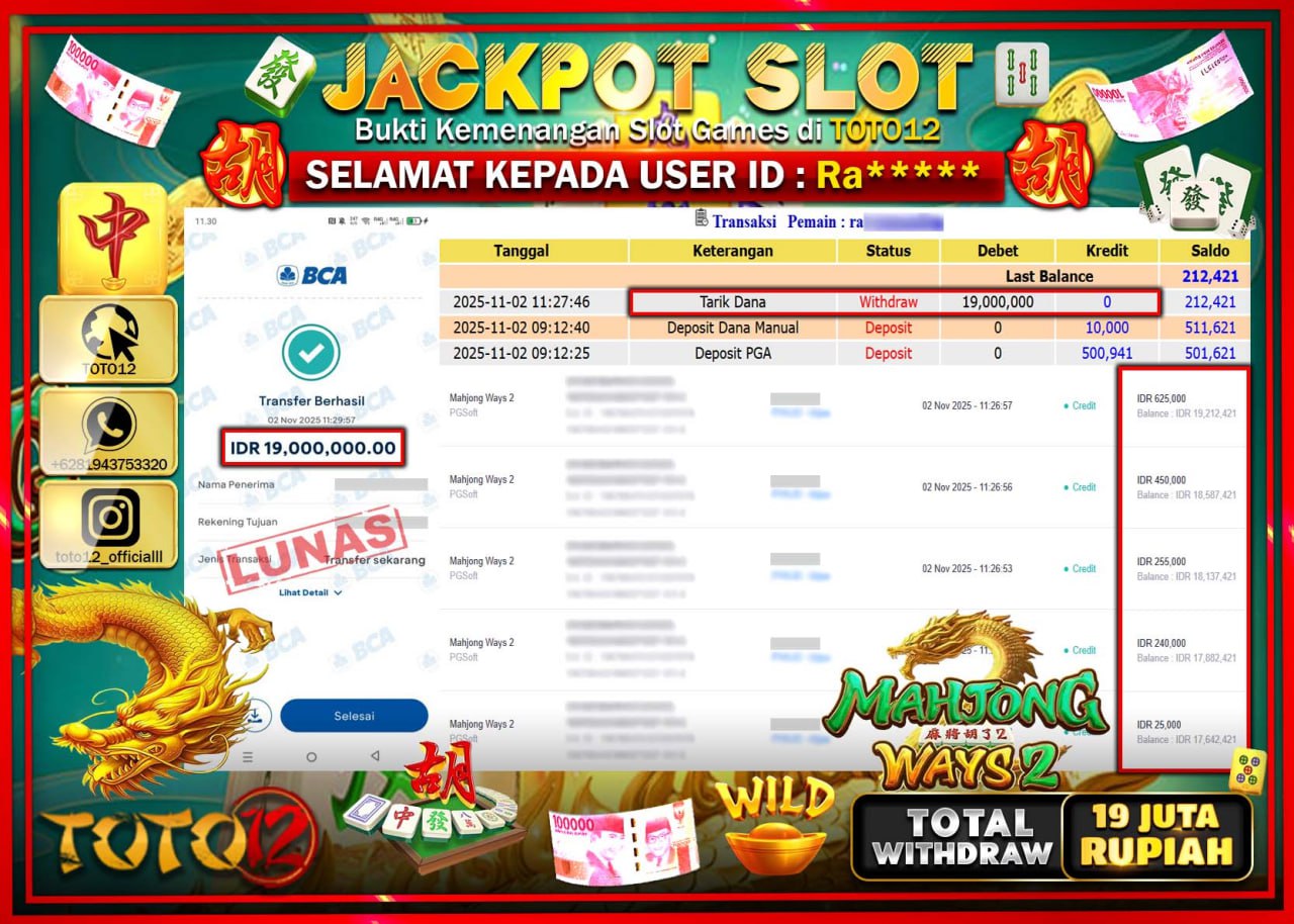 HANYA DI TOTO12 JP PASTI DI BAYAR LUNAS DAN CEPAT!!!!!! JACKPOT SLOT GAME (MAHJONG WAYS 2) Rp.19.000.000 !!!!
