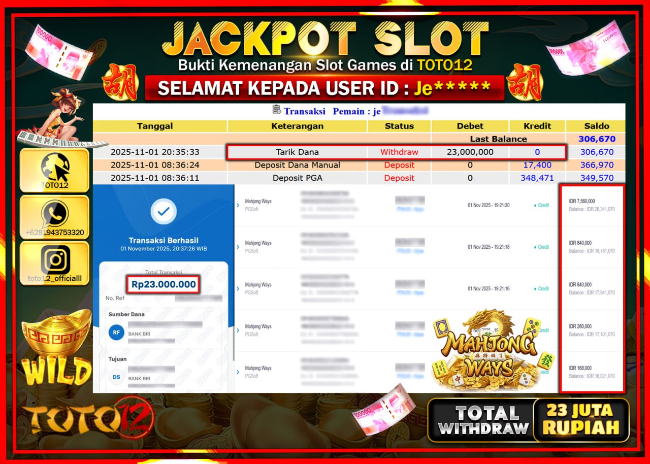 HANYA DI TOTO12 JP PASTI DI BAYAR LUNAS DAN CEPAT!!!!!! JACKPOT SLOT GAME (MAHJONG WAYS) Rp23.000.000 !!!!