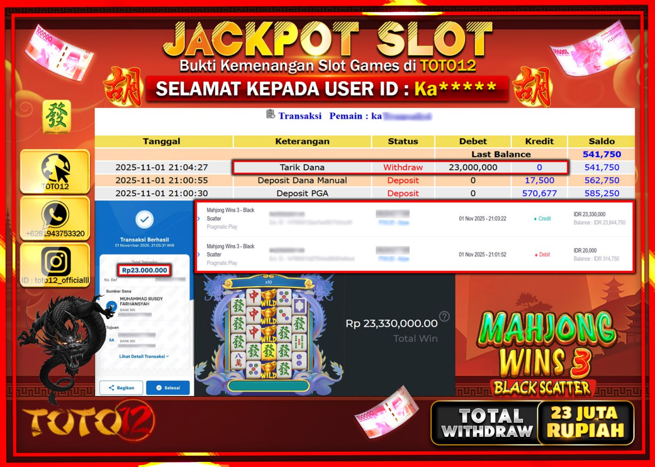 HANYA DI TOTO12 JP PASTI DI BAYAR LUNAS DAN CEPAT!!!!!! JACKPOT SLOT GAME (MAHJONG WINS 3 BLACK SCATTER) Rp.23.000.000 !!!!