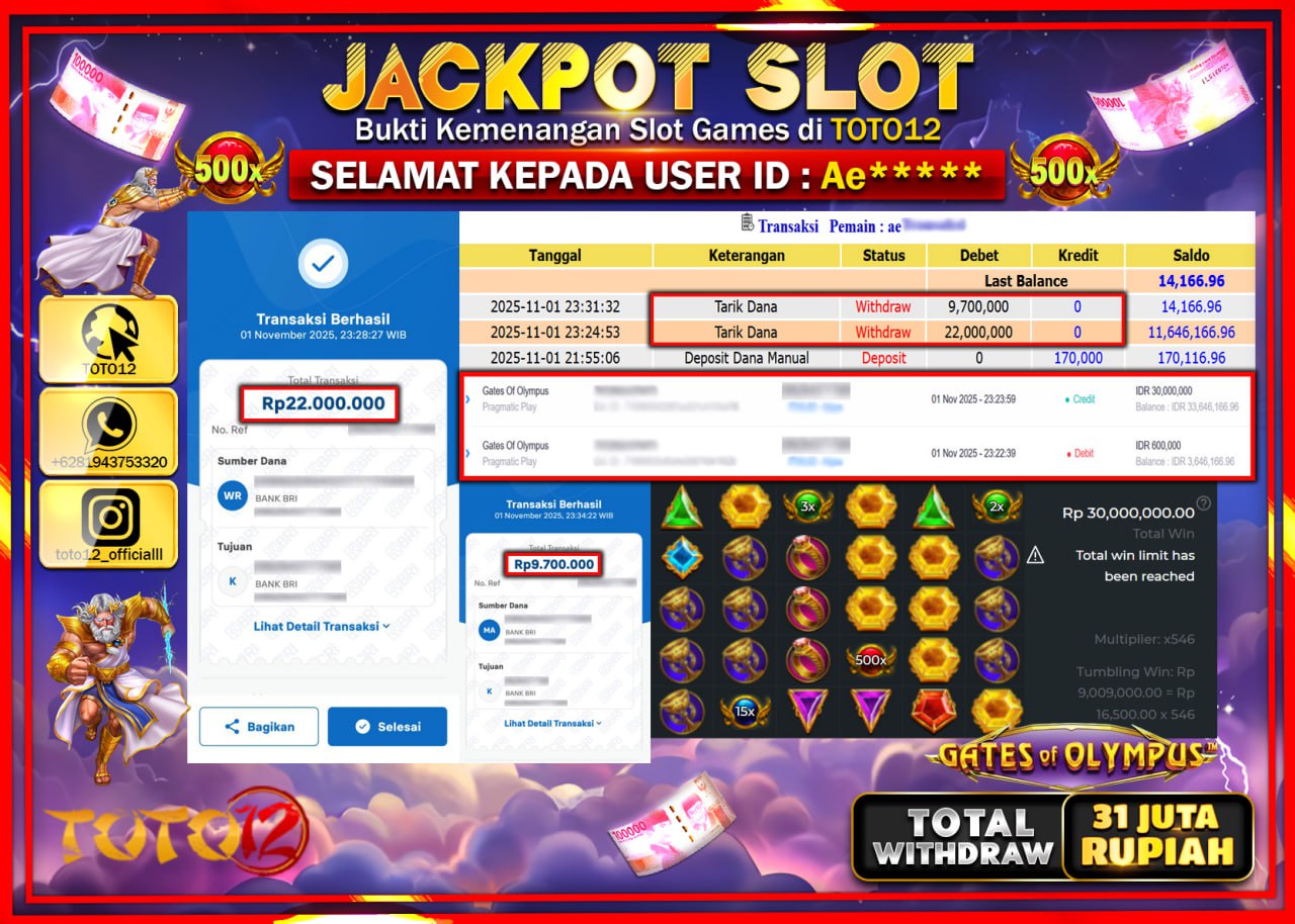 HANYA DI TOTO12 JP PASTI DI BAYAR LUNAS DAN CEPAT!!!!!! JACKPOT SLOT GAME (GATES OF OLYMPUS) Rp.31.000.000 !!!!
