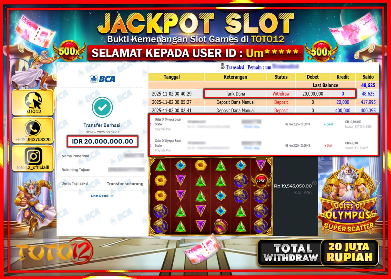 HANYA DI TOTO12 JP PASTI DI BAYAR LUNAS DAN CEPAT!!!!!! JACKPOT SLOT GAME (GATES OF OLYMPUS SUPER SCATTER) Rp.20.000.000 !!!!