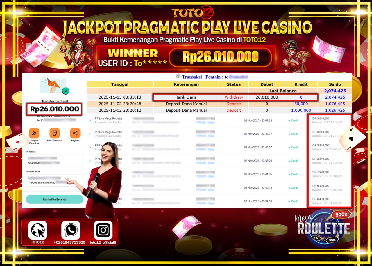HANYA DI TOTO12 JP PASTI DI BAYAR LUNAS DAN CEPAT!!!!!! JACKPOT PRAGMATIC PLAY LIVE CASINNO (MEGA ROULETTE) Rp.26.010.000 !!!!
