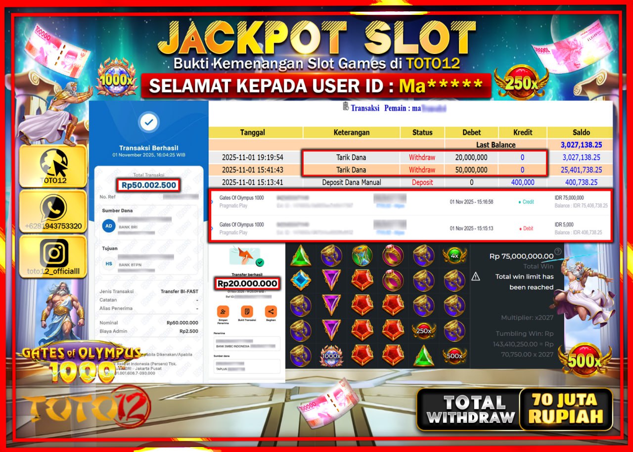HANYA DI TOTO12 JP PASTI DI BAYAR LUNAS DAN CEPAT!!!!!! JACKPOT SLOT GAME (GATES OF OLYMPUS 1000) Rp.70.000.000 !!!!
