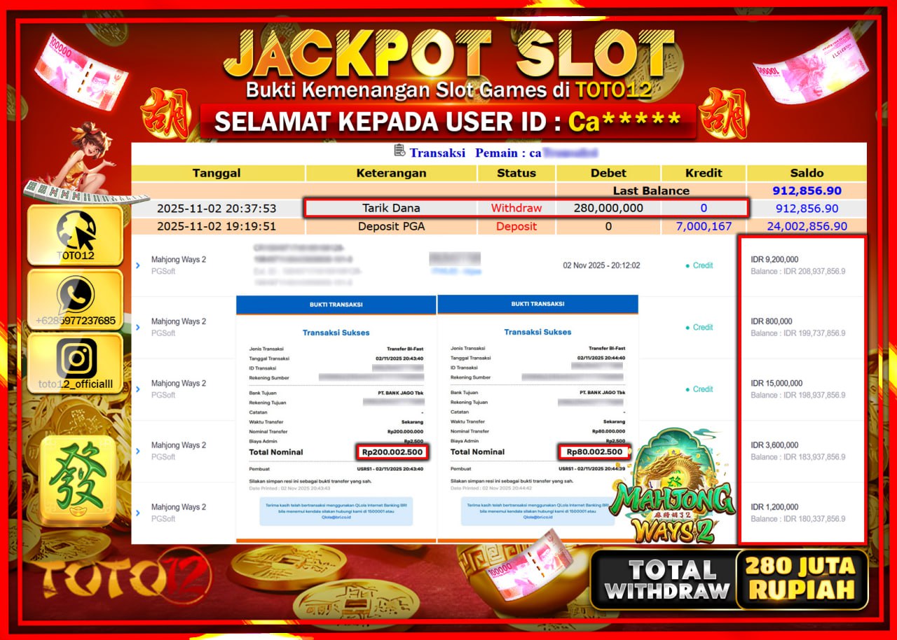 HANYA DI TOTO12 JP PASTI DI BAYAR LUNAS DAN CEPAT!!!!!! JACKPOT SLOT GAME (MAHJONG WAYS 2) Rp.280.000.000 !!!!