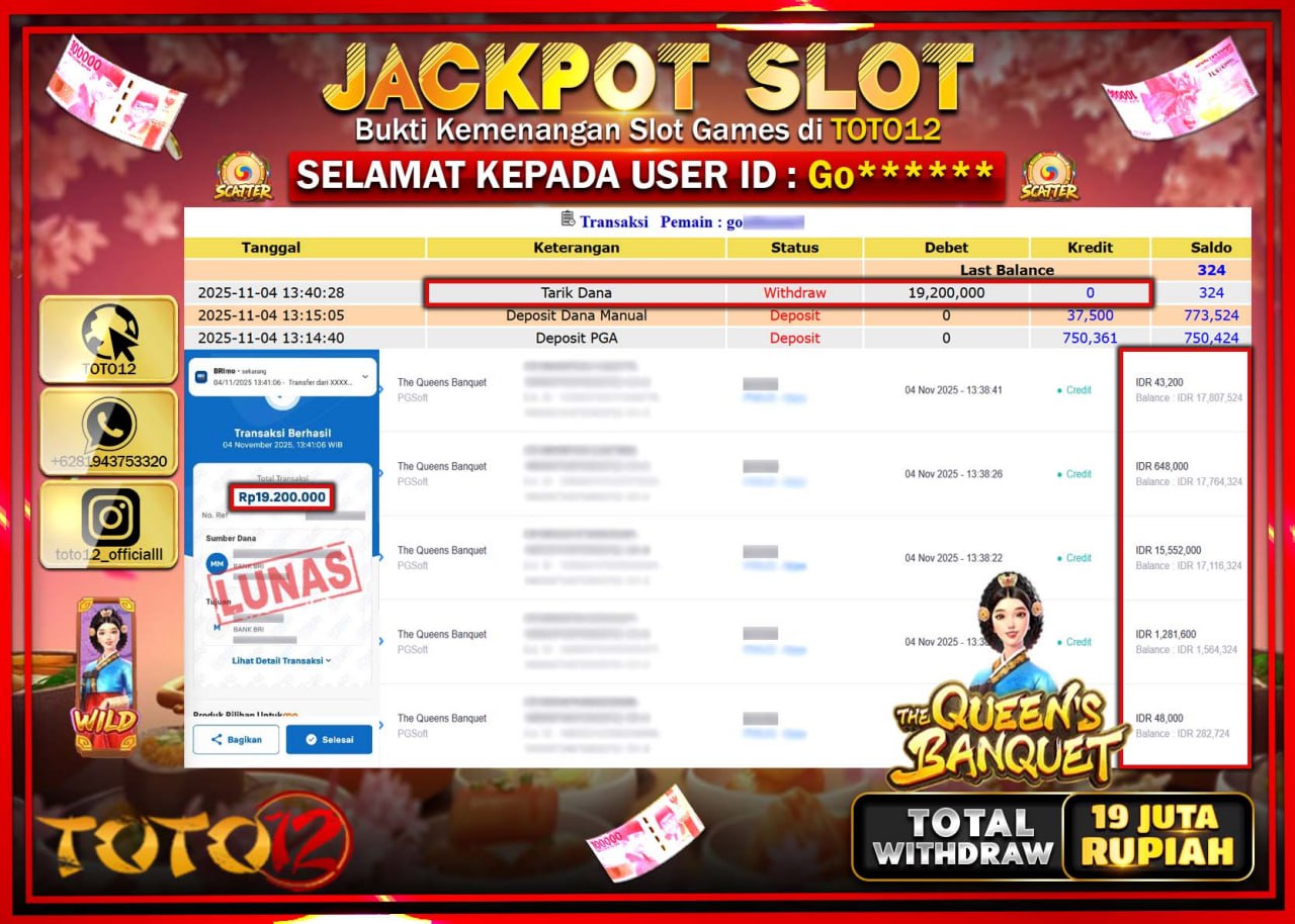 HANYA DI TOTO12 JP PASTI DI BAYAR LUNAS DAN CEPAT!!!!!! JACKPOT SLOT GAME (THE QUEENS BANQUET) Rp.19.200.000 !!!!