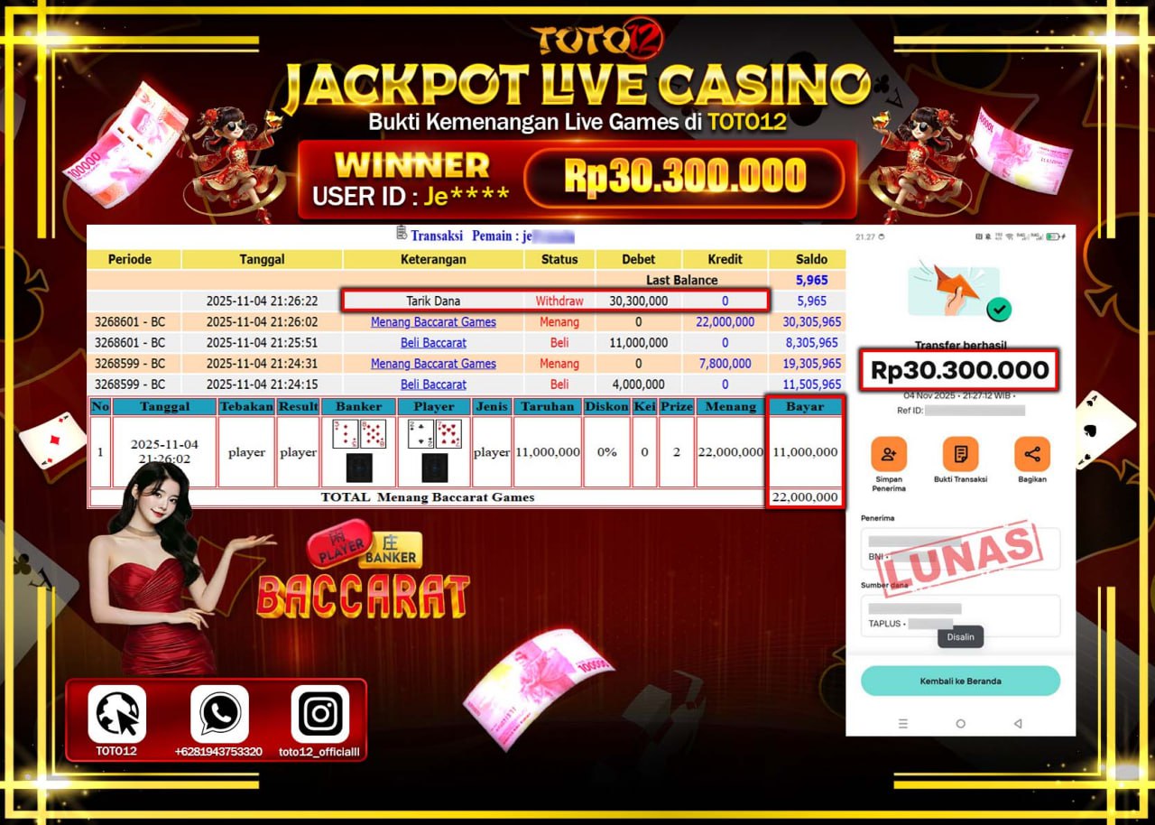 HANYA DI TOTO12 JP PASTI DI BAYAR LUNAS DAN CEPAT!!!!!! JACKPOT LIVE CASINO (BACCARAT GAMES) Rp.30.300.000 !!!!