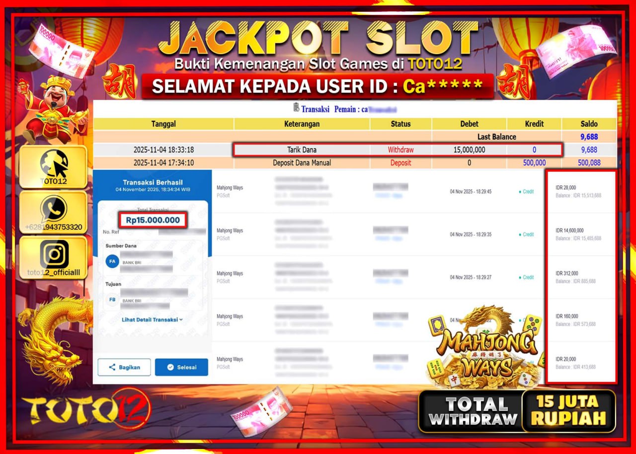HANYA DI TOTO12 JP PASTI DI BAYAR LUNAS DAN CEPAT!!!!!! JACKPOT SLOT GAME (MAHJONG WAYS) Rp.15.000.000 !!!!