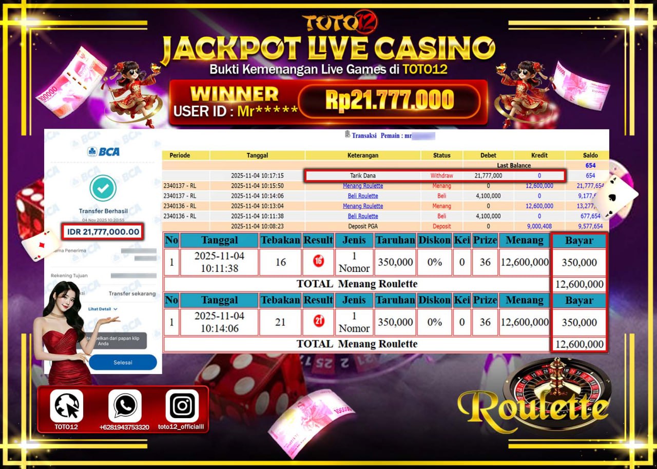 HANYA DI TOTO12 JP PASTI DI BAYAR LUNAS DAN CEPAT!!!!!! JACKPOT LIVE CASINO (ROULETTE) Rp.21.777.000 !!!!