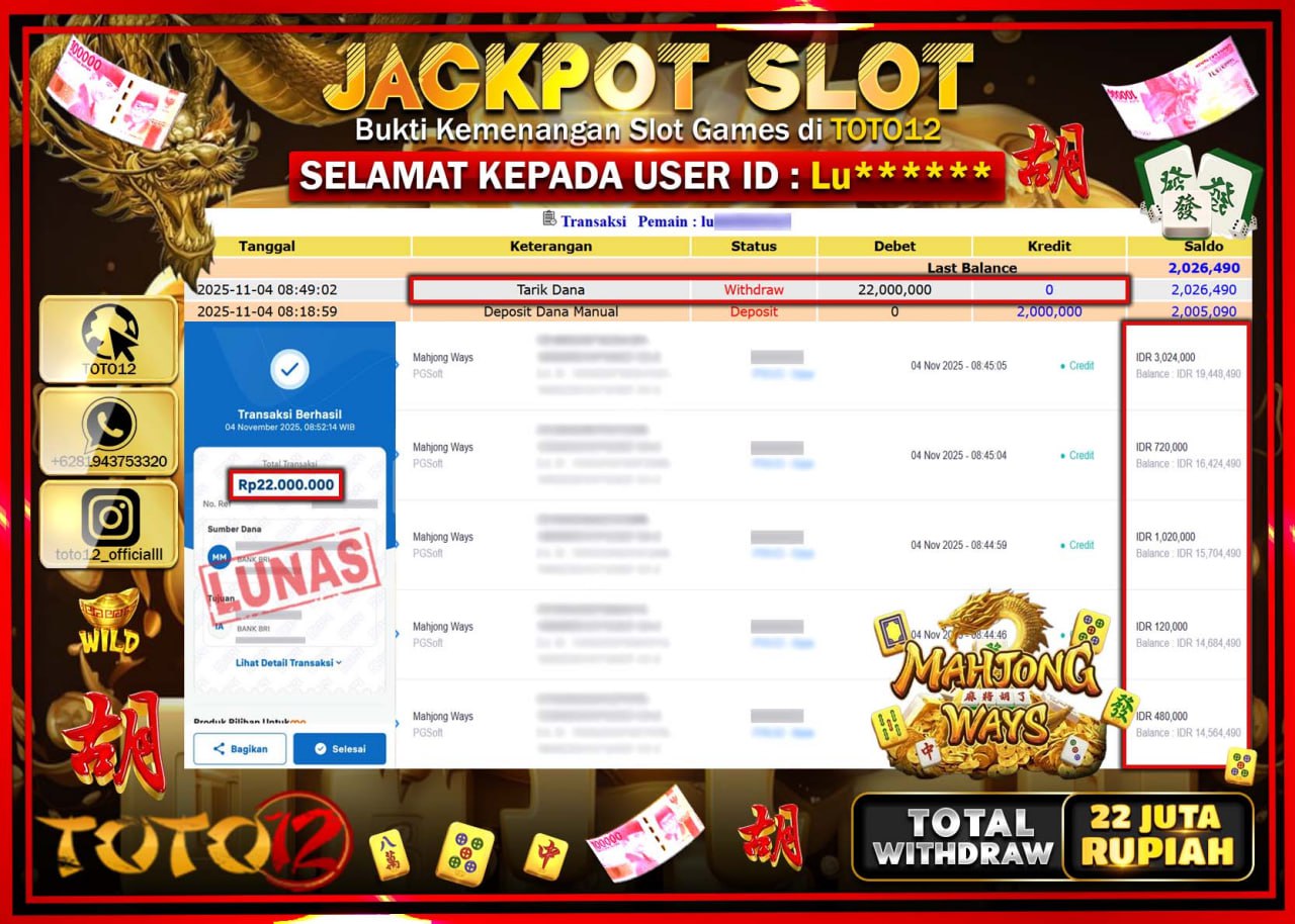 HANYA DI TOTO12 JP PASTI DI BAYAR LUNAS DAN CEPAT!!!!!! JACKPOT SLOT GAME (MAHJONG WAYS) Rp.22.000.000 !!!!