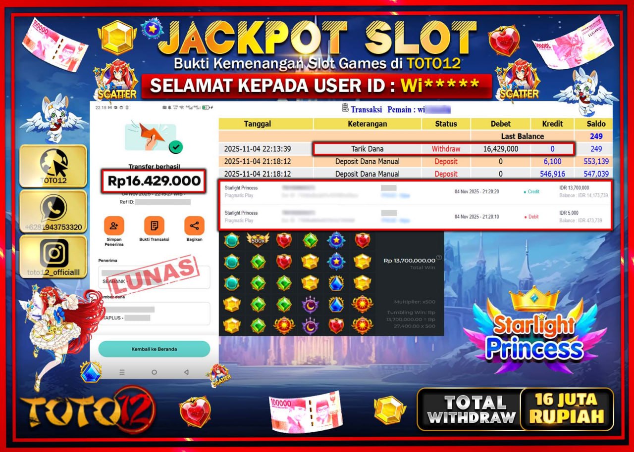 HANYA DI TOTO12 JP PASTI DI BAYAR LUNAS DAN CEPAT!!!!!! JACKPOT SLOT GAME (STARLIGHT PRINCESS) Rp.16.429.000 !!!!