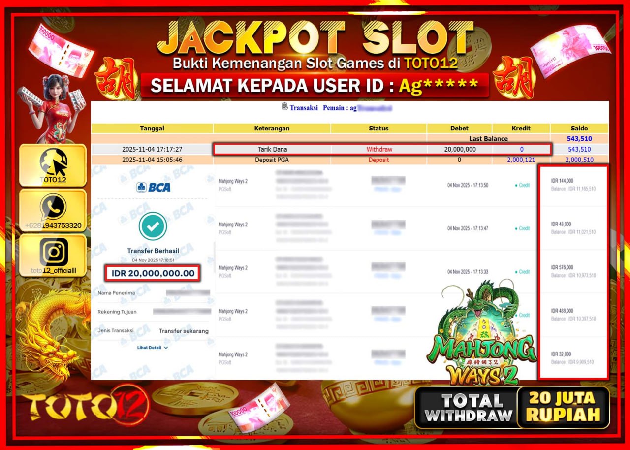 HANYA DI TOTO12 JP PASTI DI BAYAR LUNAS DAN CEPAT!!!!!! JACKPOT SLOT GAME (MAHJONG WAYS 2) Rp.20.000.000 !!!!