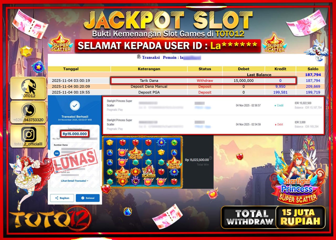 HANYA DI TOTO12 JP PASTI DI BAYAR LUNAS DAN CEPAT!!!!!! JACKPOT SLOT GAME (STARLIGHT PRINCESS SUPER SCATTER) Rp.15.000.000 !!!!