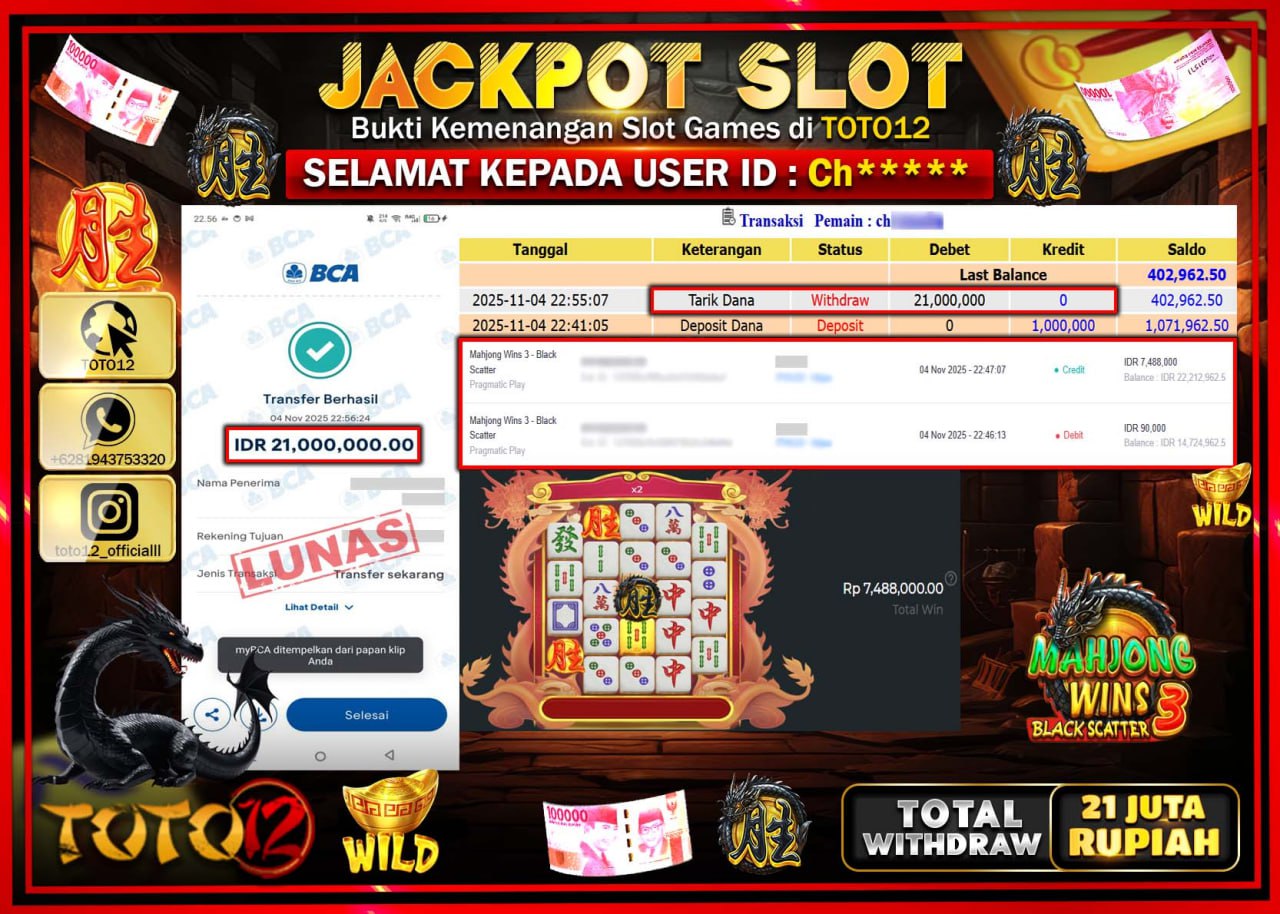 HANYA DI TOTO12 JP PASTI DI BAYAR LUNAS DAN CEPAT!!!!!! JACKPOT SLOT GAME (MAHJONG WINS 3 BLACK SCATTER) Rp.21.000.000 !!!!