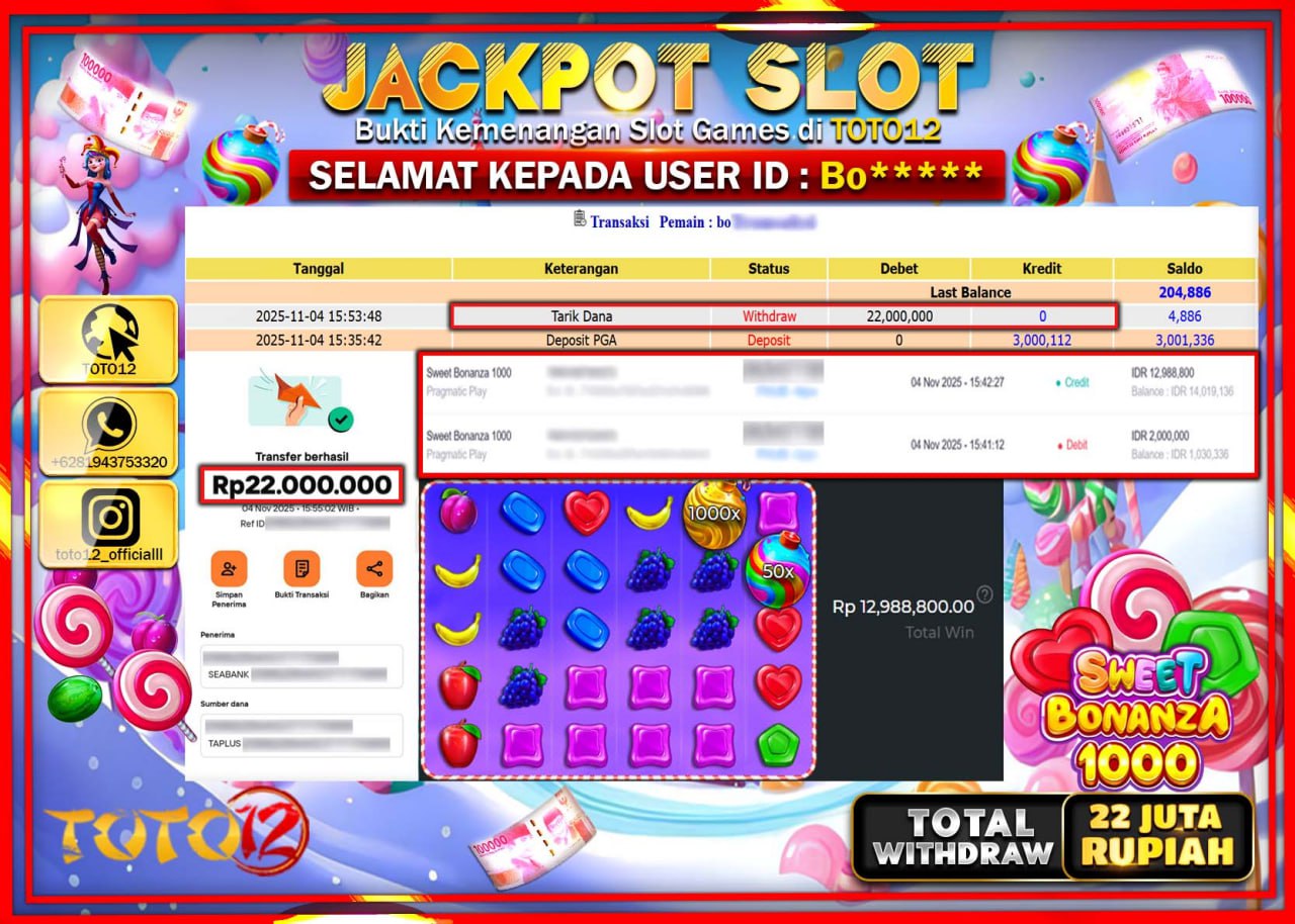HANYA DI TOTO12 JP PASTI DI BAYAR LUNAS DAN CEPAT!!!!!! JACKPOT SLOT GAME (SWEET BONANZA 1000) Rp.22.000.000 !!!!