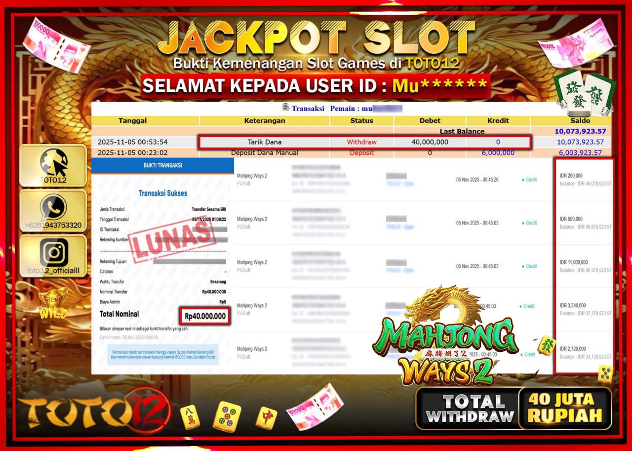 HANYA DI TOTO12 JP PASTI DI BAYAR LUNAS DAN CEPAT!!!!!! JACKPOT SLOT GAME (MAHJONG WAYS 2) Rp.40.000.000 !!!!