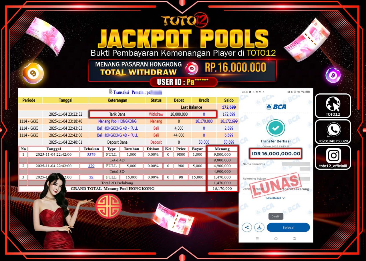 HANYA DI TOTO12 JP PASTI DI BAYAR LUNAS DAN CEPAT!!!!!! JACKPOT POOLS PASARAN (HONGKONG) Rp.16.000.000 !!!!
