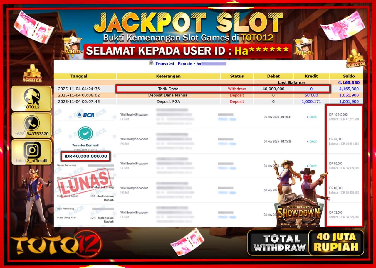 HANYA DI TOTO12 JP PASTI DI BAYAR LUNAS DAN CEPAT!!!!!! JACKPOT SLOT GAME (WILD BOUNTY SHOWDOWN) Rp.40.000.000 !!!!