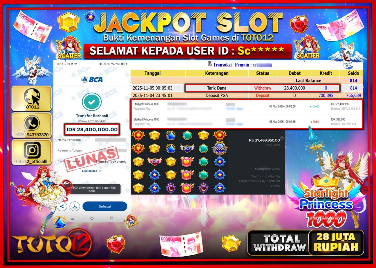 HANYA DI TOTO12 JP PASTI DI BAYAR LUNAS DAN CEPAT!!!!!! JACKPOT SLOT GAME (STARLIGHT PRINCESS 1000) Rp.28.400.000 !!!!