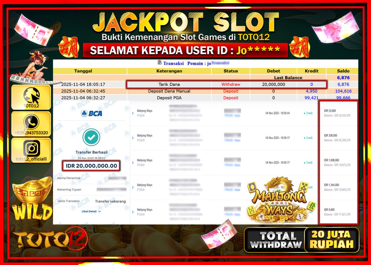 HANYA DI TOTO12 JP PASTI DI BAYAR LUNAS DAN CEPAT!!!!!! JACKPOT SLOT GAME (MAHJONG WAYS) Rp.20.000.000 !!!!