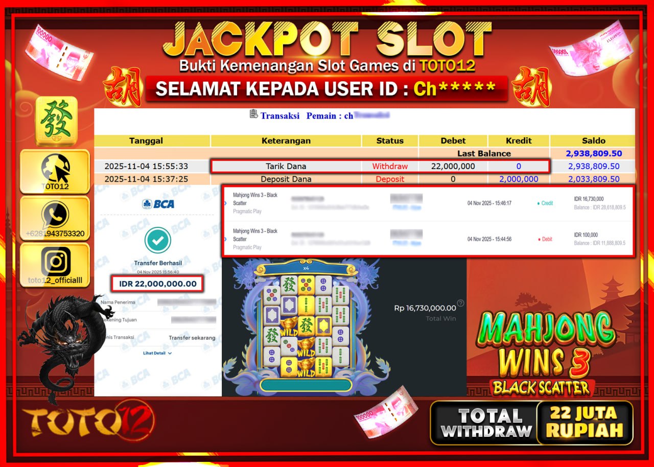HANYA DI TOTO12 JP PASTI DI BAYAR LUNAS DAN CEPAT!!!!!! JACKPOT SLOT GAME (MAHJONG WINS 3 BLACK SCATTER) Rp.22.000.000 !!!!