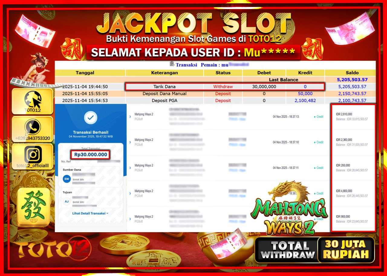 HANYA DI TOTO12 JP PASTI DI BAYAR LUNAS DAN CEPAT!!!!!! JACKPOT SLOT GAME (MAHJONG WAYS 2) Rp.30.000.000 !!!!