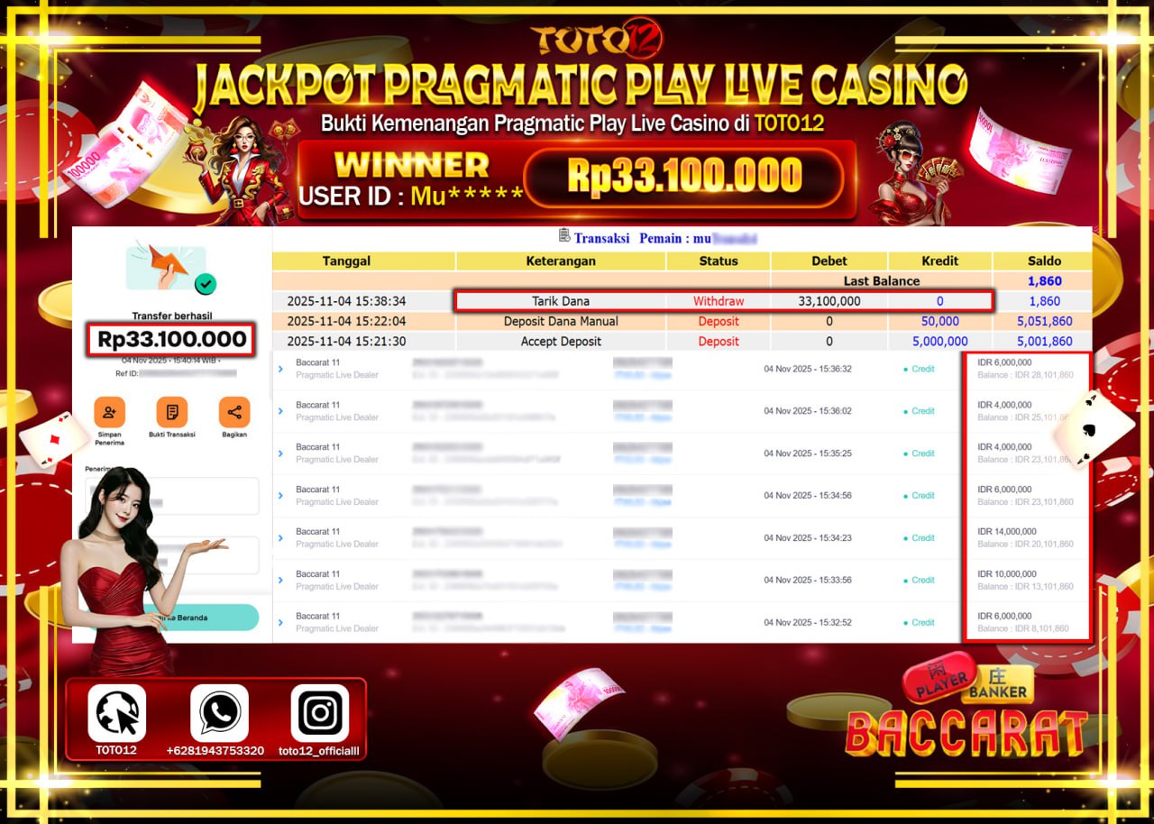 HANYA DI TOTO12 JP PASTI DI BAYAR LUNAS DAN CEPAT!!!!!! JACKPOT PRAGMATIC PLAY LIVE CASINO (BACCARAT 11) Rp.33.100.000 !!!!