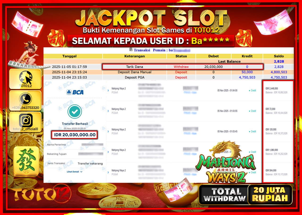 HANYA DI TOTO12 JP PASTI DI BAYAR LUNAS DAN CEPAT!!!!!! JACKPOT SLOT GAME (MAHJONG WAYS 2) Rp.20.030.000 !!!!