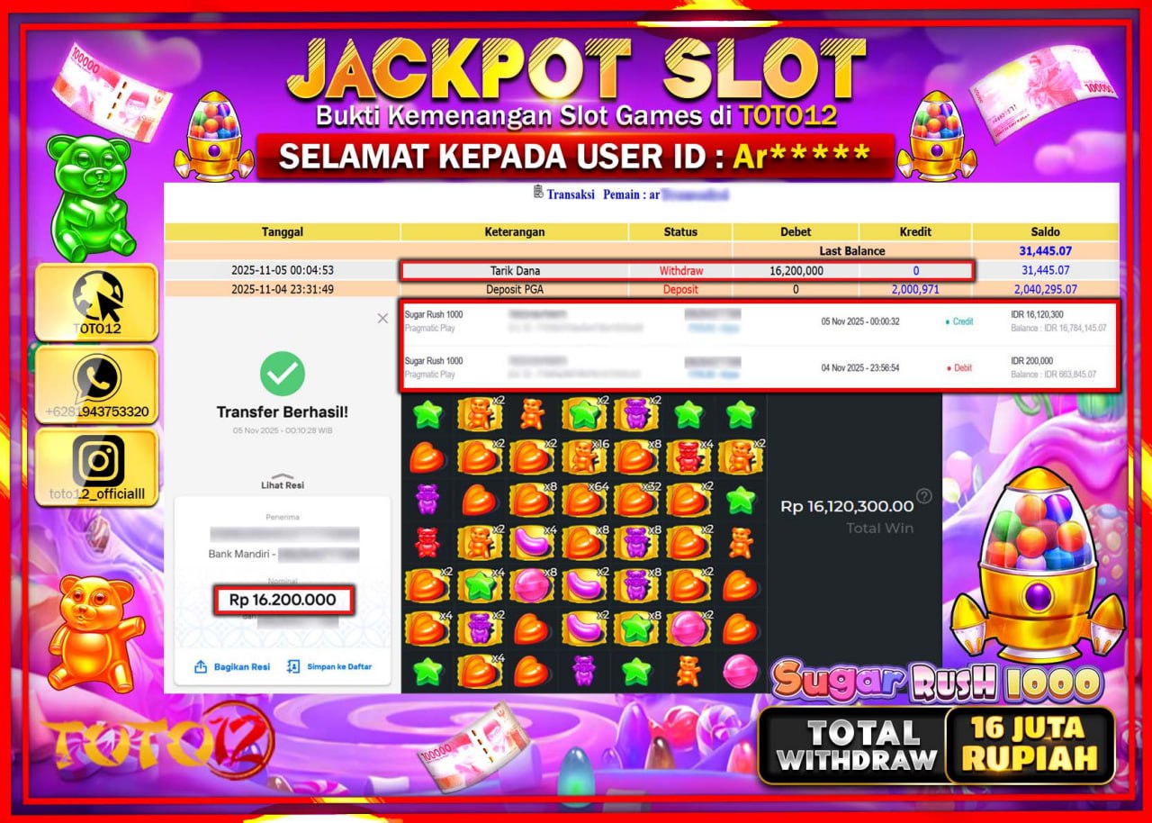 HANYA DI TOTO12 JP PASTI DI BAYAR LUNAS DAN CEPAT!!!!!! JACKPOT SLOT GAME (SUGAR RUSH 1000) Rp.16.200.000 !!!!