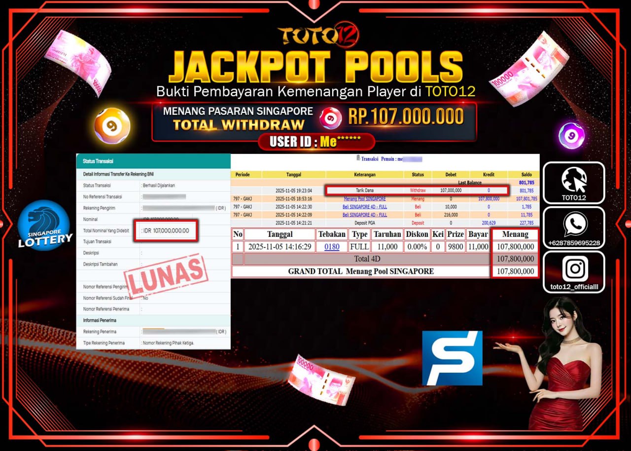 HANYA DI TOTO12 JP PASTI DI BAYAR LUNAS DAN CEPAT!!!!!! JACKPOT POOLS PASARAN (SINGAPORE) Rp.107.000.000 !!!!