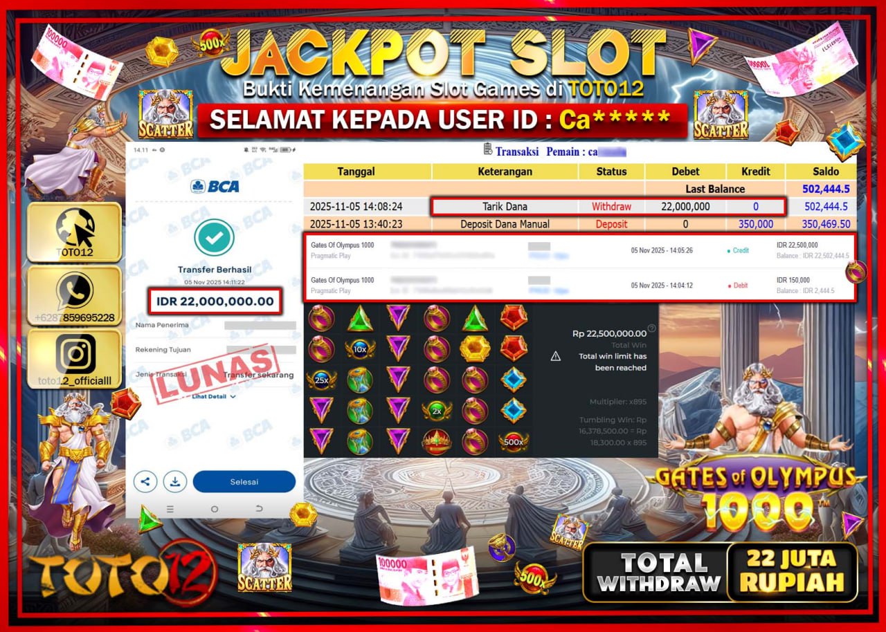HANYA DI TOTO12 JP PASTI DI BAYAR LUNAS DAN CEPAT!!!!!! JACKPOT SLOT GAME (GATES OF OLYMPUS 1000) Rp.22.000.000 !!!!