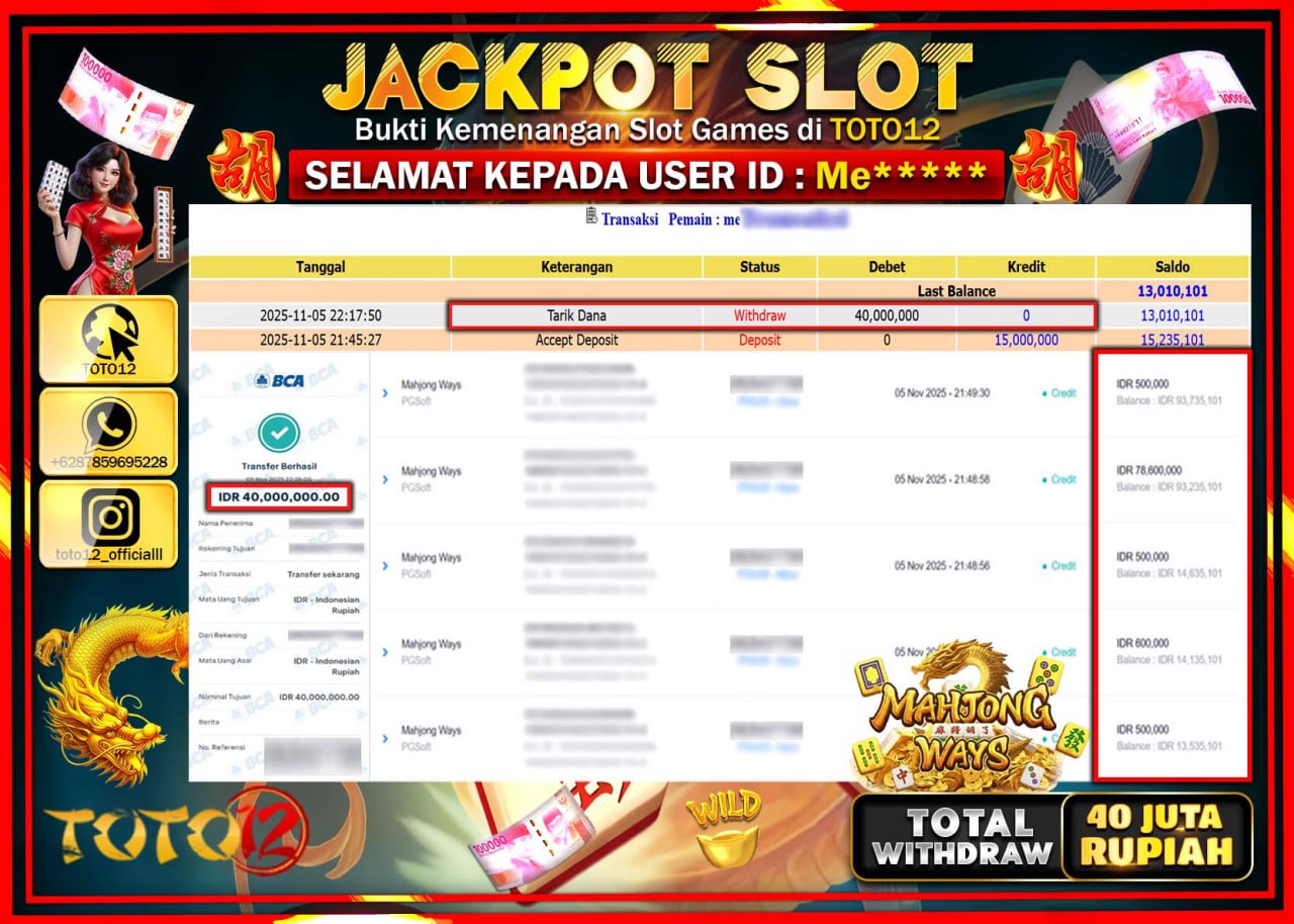 HANYA DI TOTO12 JP PASTI DI BAYAR LUNAS DAN CEPAT!!!!!! JACKPOT SLOT GAME (MAHJONG WAYS) Rp.40.000.000 !!!!
